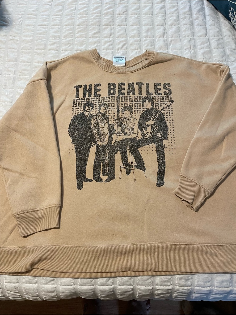 The Beatles Beige Crewneck Sweatshirt with Black Band Graphic